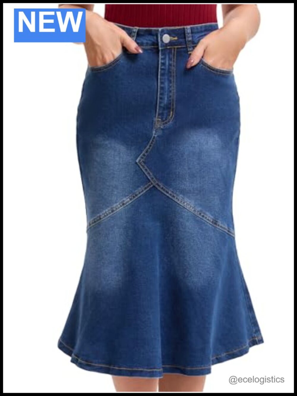 High Rise Fishtail Midi Denim Skirt Cotton Blend